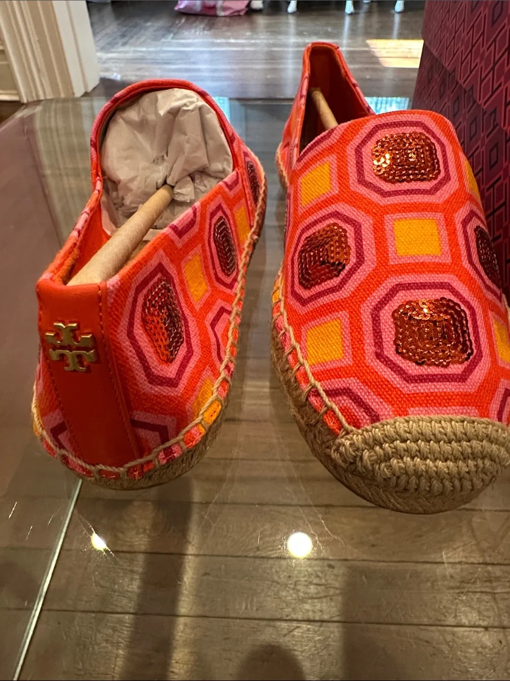 Tory Burch Cecily Embellished Orange & Hot Pink Geometric Sequin Espadrilles